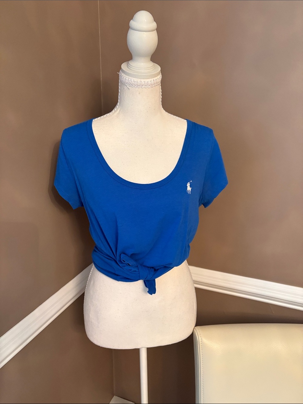 Ralph Lauren Knot-Front Scoop Crop Tee in Blue